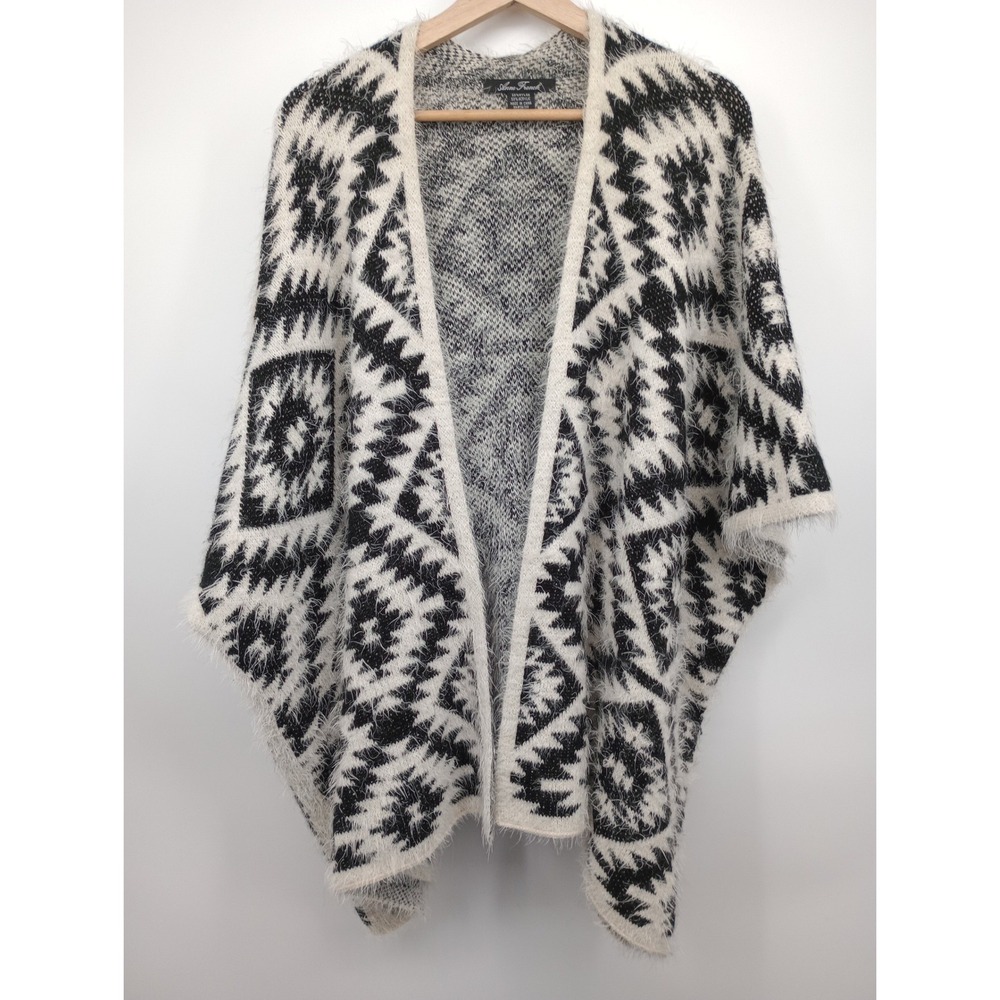 Anne French Poncho Cardigan Womens One Size Black White Tribal Eyelash Knit